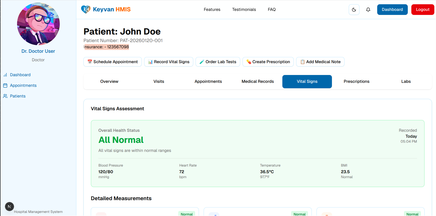 Doctor Dashboard - Patient vital signs and health assessment
